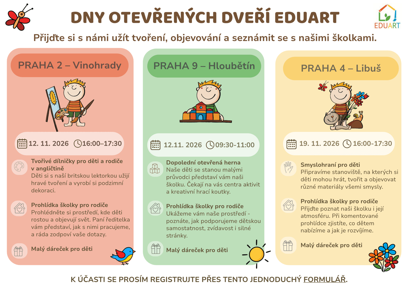 Dny otevřených dveří EduArt, listopad 2026 – Praha 2 (12. 11.), Praha 9 (12. 11.), Praha 4 (19. 11.)